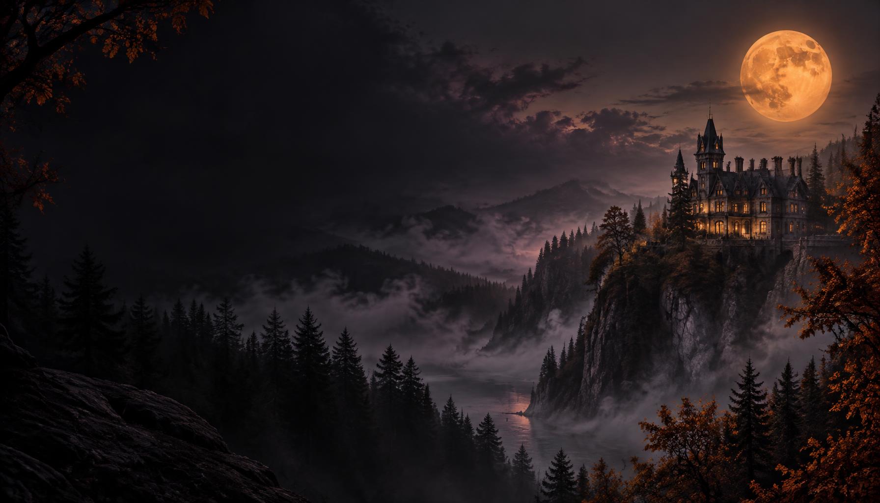 Moonlit manor above an autumn forest, illuminated by a harvest moon